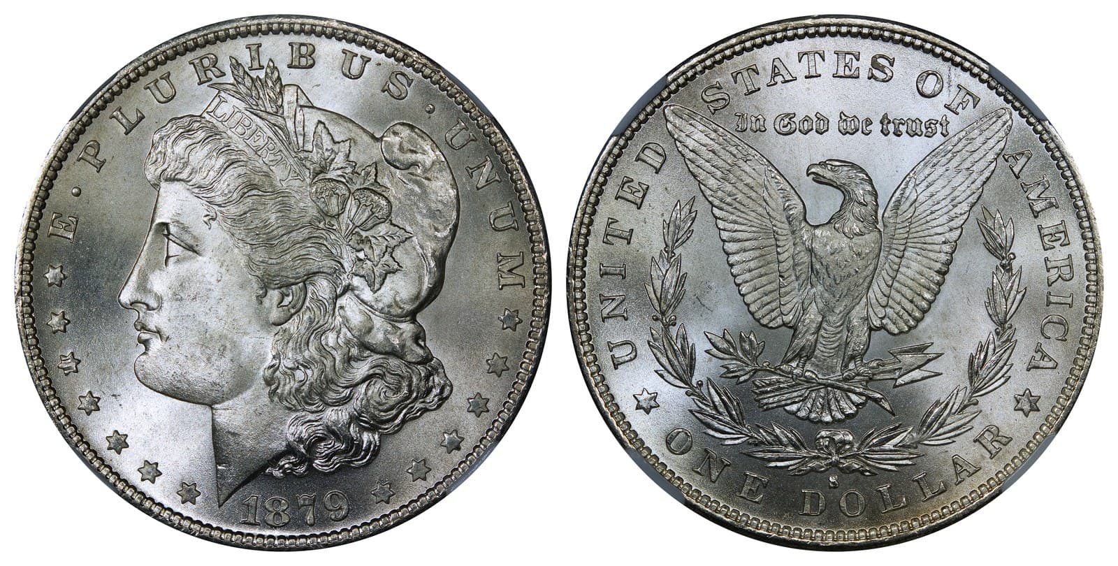 Obverse and reverse of an 1879-S Morgan silver dollar graded NGC MS67+, showing bright silver-white surfaces