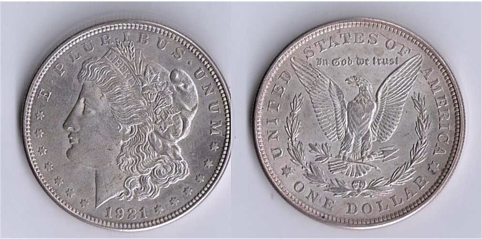 Obverse and reverse of a 1921 Morgan silver dollar