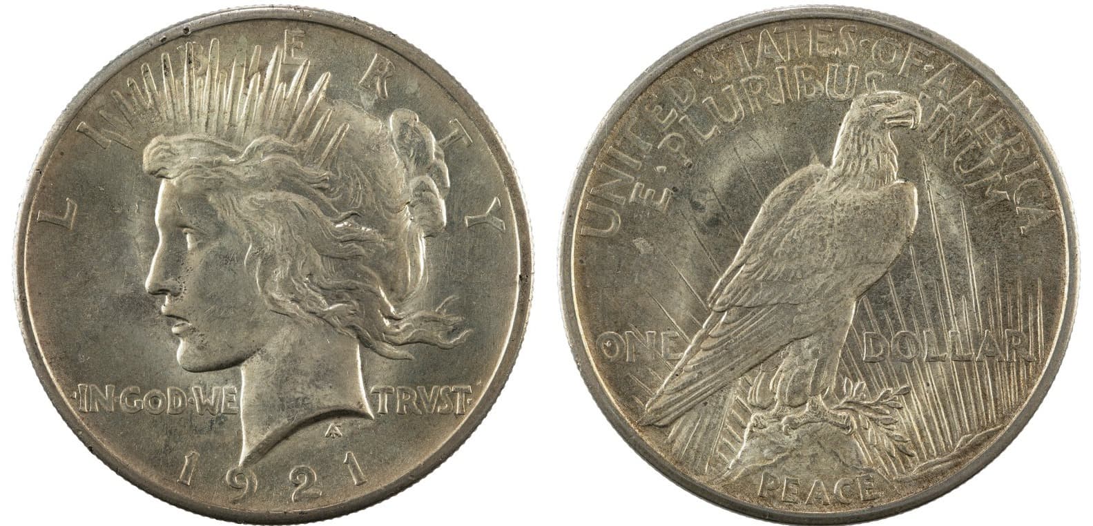 Obverse and reverse of a 1921 Peace silver dollar
