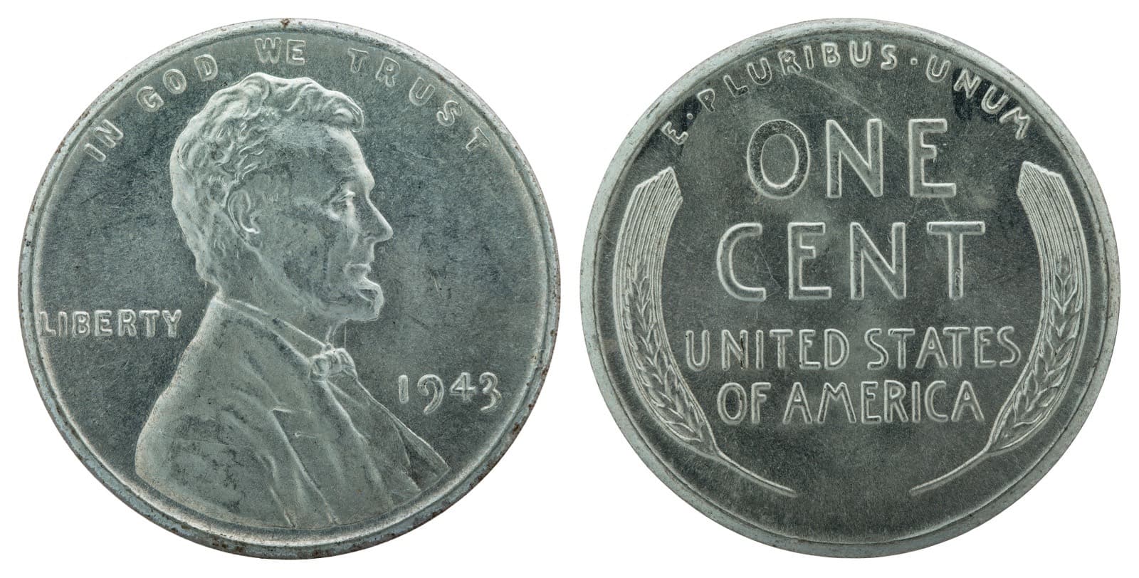 Obverse and reverse of a 1943 zinc-coated steel Lincoln cent, showing the Lincoln portrait with the 1943 date and the wheat ears reverse