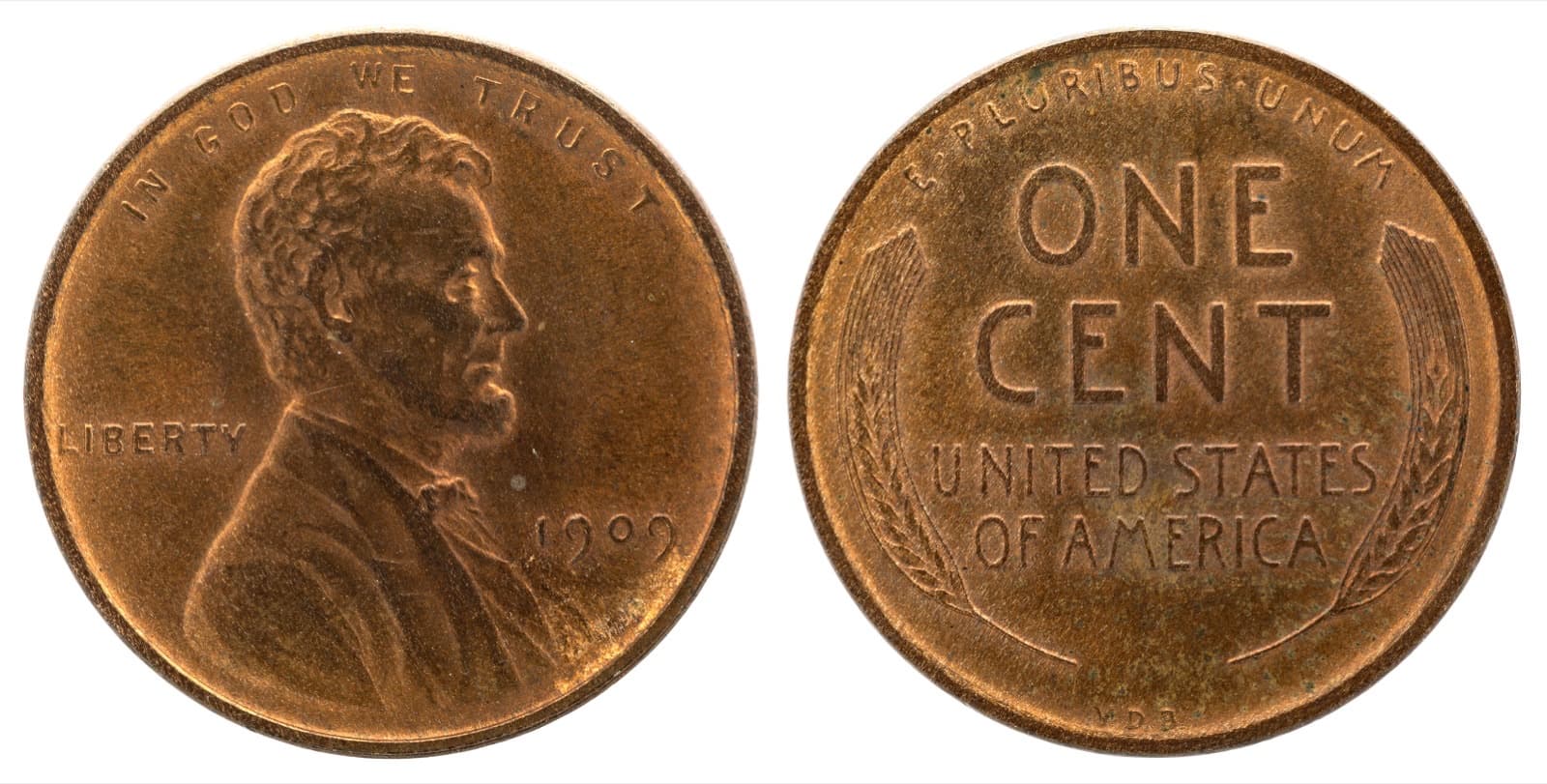 Obverse and reverse of a 1909 Lincoln wheat cent, showing Abraham Lincoln's portrait and the wheat ears reverse